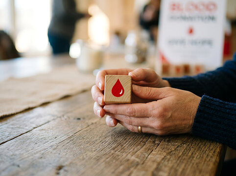 Person holding wood block with blood icon
