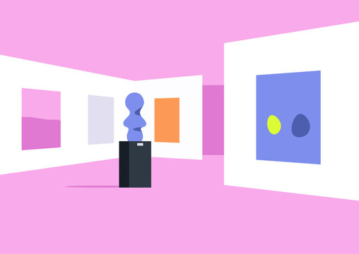 The expansive gallery space is quiet and open, highlighting a central sculpture on display, complemented by various abstract artworks adorning the walls, creating a contemplative atmosphere