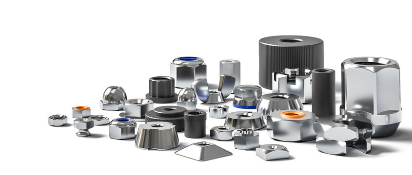 Assortment of chrome steel industrial nuts and fasteners 3d