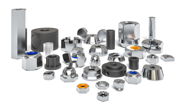 Assortment of metal fasteners and nuts 3d