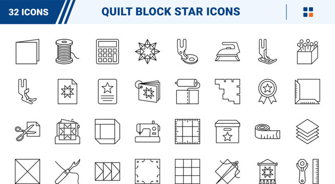 Quilt block star line icon set. Vector pictograms of patchwork, sewing, quilting, and pattern elements, thin linear illustration.