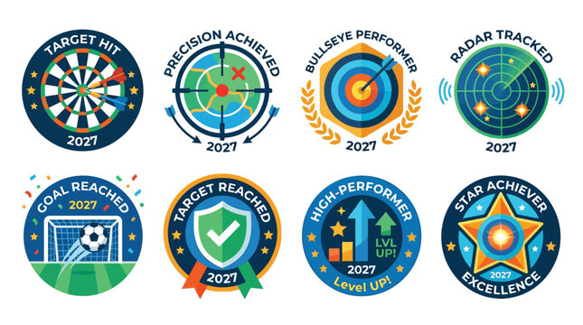 Round achievement badges displaying performance metrics and target goals for 2027 digital gamification reward systems