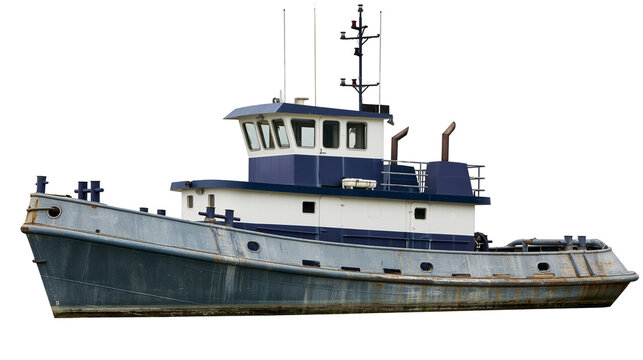 Blue and white tugboat with weathered hull