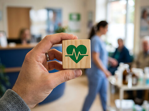 Hand holding wooden block with heart icon