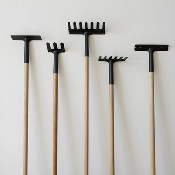Gardening tools and equipment for home and garden care, various rakes and cultivators with wooden handles on a white background