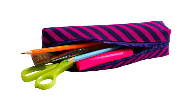 Striped pencil case with school supplies