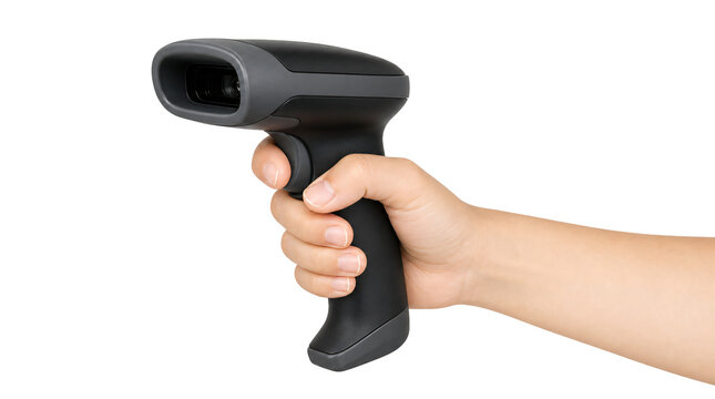 Hand holding handheld barcode scanner isolated on transparent background