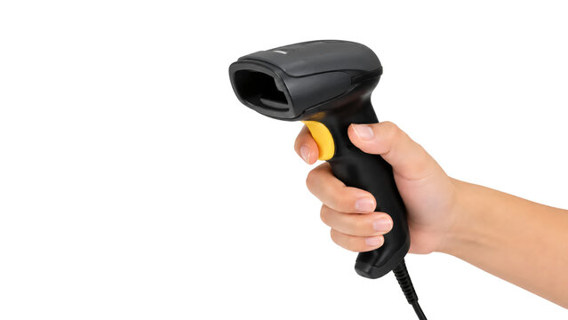 Hand holding handheld barcode scanner isolated on transparent background