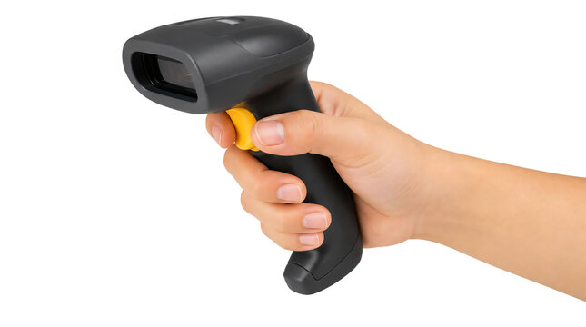 Hand holding handheld barcode scanner isolated on transparent background