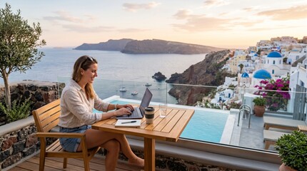Fototapeta premium Female professional using laptop while enjoying the beautiful scenery of santorini island and the ocean in the background