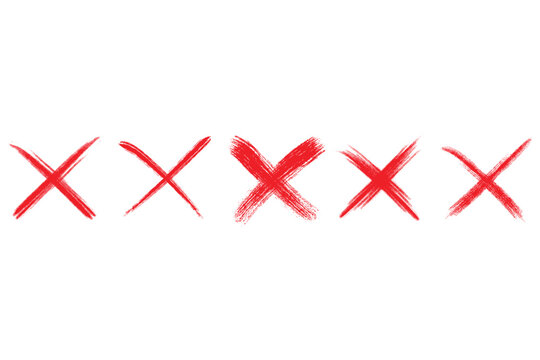 Red cross marks vector set featuring five distinct hand-drawn x shapes. Collection of sketch paint doodle icons with scratchy distressed textures..