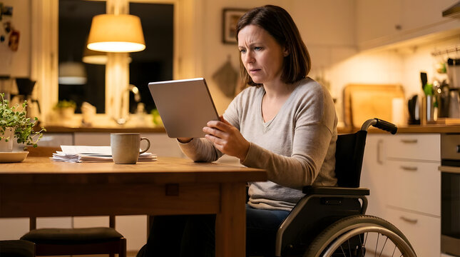 Woman in wheelchair using tablet at home table.