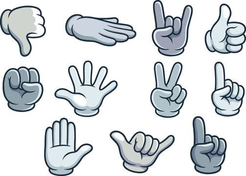 Cartoon gloved hands gestures vector character set featuring thumbs up down fist victory rock sign shaka and pointing fingers for comic book graphics
