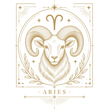 Aries zodiac sign golden ram head engraving style on white background