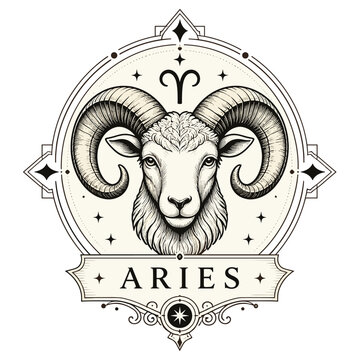 Aries zodiac sign vector art featuring a detailed ram head in vintage engraving style
