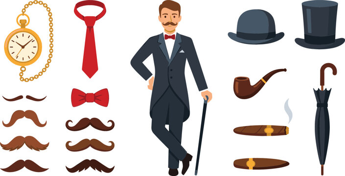 Vintage gentleman retro fashion accessories vector set featuring elegant man in suit pocket watch bow tie top hat mustache and smoking pipe