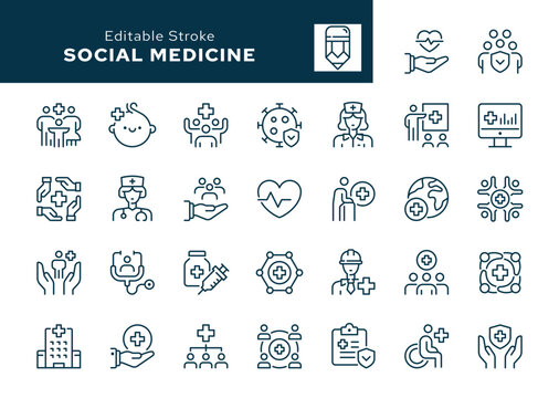 Social medicine outline icons set. Public health, medicine, healthcare, doctor, social diagnostics, vaccination, medical examination and more. Line icon in linear style. Vector collection	