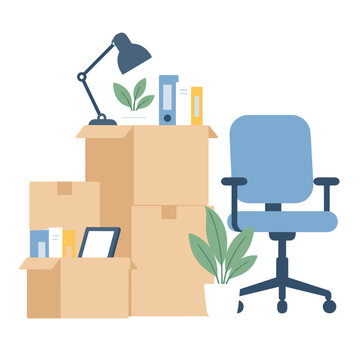 Cardboard moving boxes piled up with office supplies and potted plants against a white background