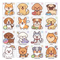 Naklejka premium Cute cartoon dog sticker set featuring different puppy breeds in kawaii style