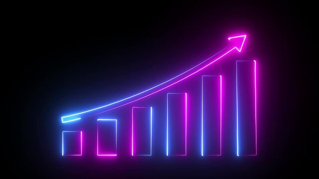 Digital business bar chart animation with steadily rising arrow and dotted trend line. Illustrating strong revenue growth, business success arrow concept. 