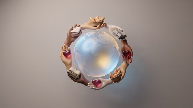 High-end 3D render of a globe surrounded by diverse hands offering food, clothing and heart symbols, representing global charity, humanitarian aid, generosity and international solidarity.
