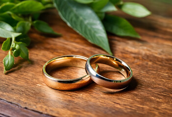 Fototapeta premium Wedding rings on rustic wooden table marriage and commitment concept love and celebration engagement jewelry