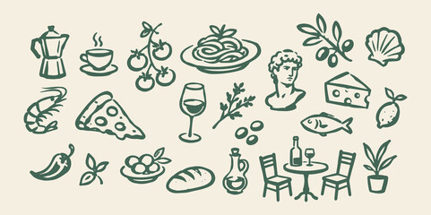 Fototapeta premium Mediterranean Food Doodle Set Illustration