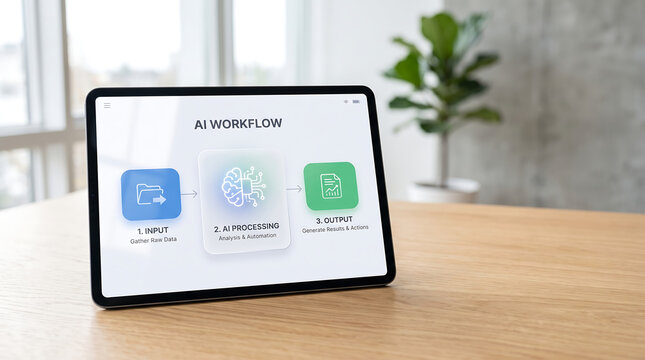 Modern digital tablet displaying an artificial intelligence workflow on a wooden office desk