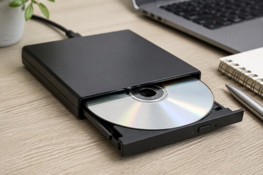 Open external disk drive with CD on wood desk