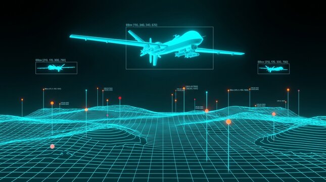 Unmanned aerial vehicle surveillance over digital terrain grid with target identification data overlay