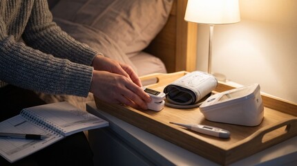 Fototapeta premium Person using medical devices on bedside table with notepad