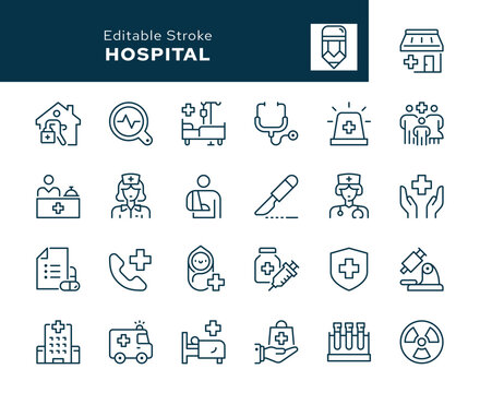 Hospital outline icons set. Medicine, medical health, healthcare, care, doctor, nurse, ptreatment, pharmacy and more. Line icon in linear style. Vector collection.