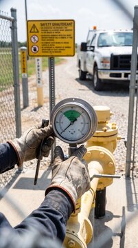 Worker checking pipeline pressure gauge at industrial site