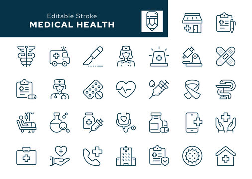 Medical health outline icons set. Medicine, healthcare, ambulance, health, care, doctor, hospital, patient, treatment, blood transfution and more. Line icon in linear style. Vector collection