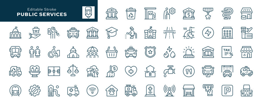 Public services outline icons set. Court, social service, education, water, supply, electricity, nursing home, community center, transport, park, government. Line icon in linear style. Vector collecti