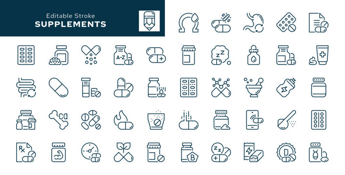 Supplements outline icons set. Vitamin, capsule, pill, antioxidant, omega, probiotic, fiber, protein. Natural, herbal, dry, energy supplement. Line icon in linear style. Vector collection	