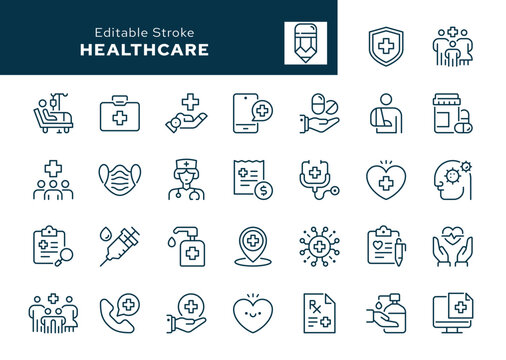 Healthcare outline icons set. Medicine, medical service, health, care, doctor, hospital, patient, treatment, sick, illness and more. Line icon in linear style. Vector collection