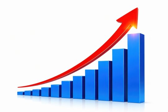 Blue bar chart with a red arrow showing growth isolated on white