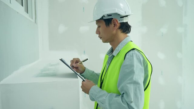 inspector or engineer is inspecting construction and quality assurance new house using a checklist. Engineers or architects or contactor work to build the house before handing it over to the homeowner