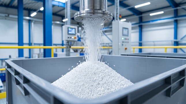 Industrial manufacturing machine filling plastic pellets into large gray container inside warehouse.