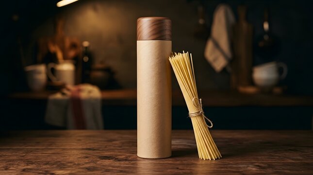 Cardboard cylinder pasta container with wood lid and bunch of dried spaghetti on tabletop.