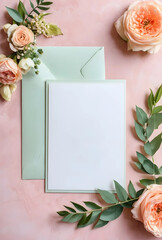Naklejka premium Wedding invitation mockup with blank card and envelope, floral design for celebration and event planning on pink background
