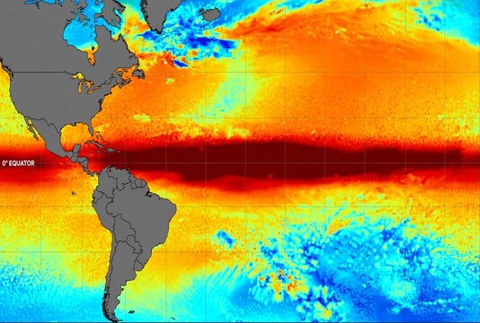 Global heat map showing sea surface temperature anomalies across atlantic ocean and american coasts.