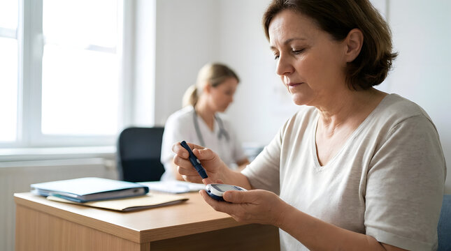 Woman monitoring blood sugar with glucose meter in office.