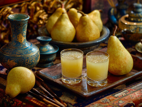 Refreshing Korean pear juice served with fresh Asian pears on luxury cultural celebration table, no humans