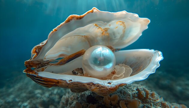 Underwater light glows softly on open oyster shell
