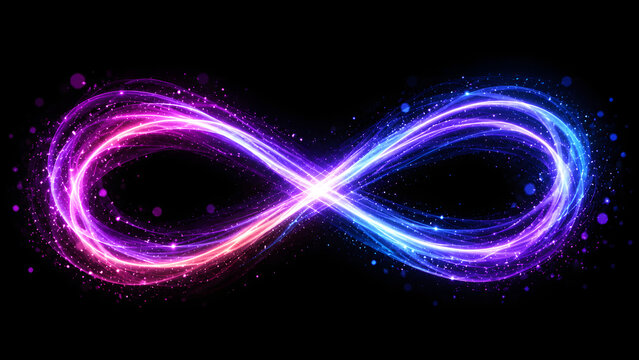 Mesmerizing colorful light trails forming an elegant infinity symbol with sparkling particles on a dark background, glowing energy, abstract motion, luminous bokeh, futuristic design, and innovation.