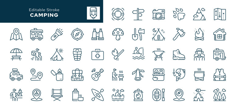 Camping, hike, tourism and travel outline icons set. Camp, hiking, picnic, tourist, trip, vacation and more. Line icon in linear style. Vector collection	