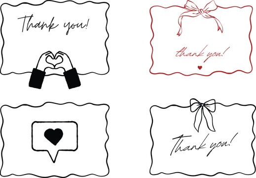 thank you doodles with transparent background set of four templates for greeting cards and stickers.