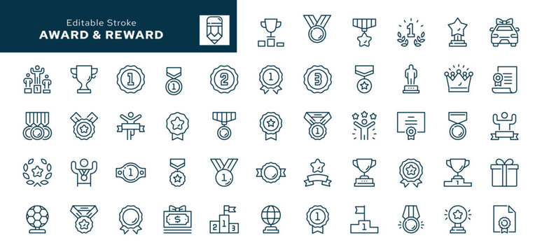 Award and reward outline icons set. Win, winner, medal, prize, trophy, competition and more. Line icon in linear style. Vector collection
